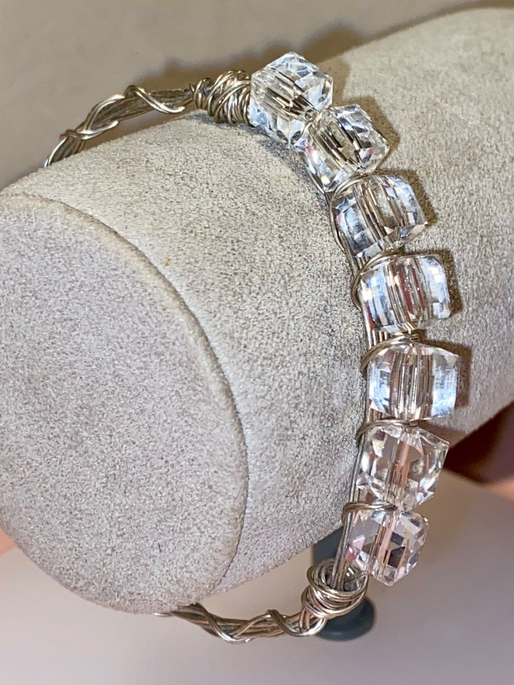 Handcrafted Silver Wire Bracelet with Clear Crystal Cube Beads